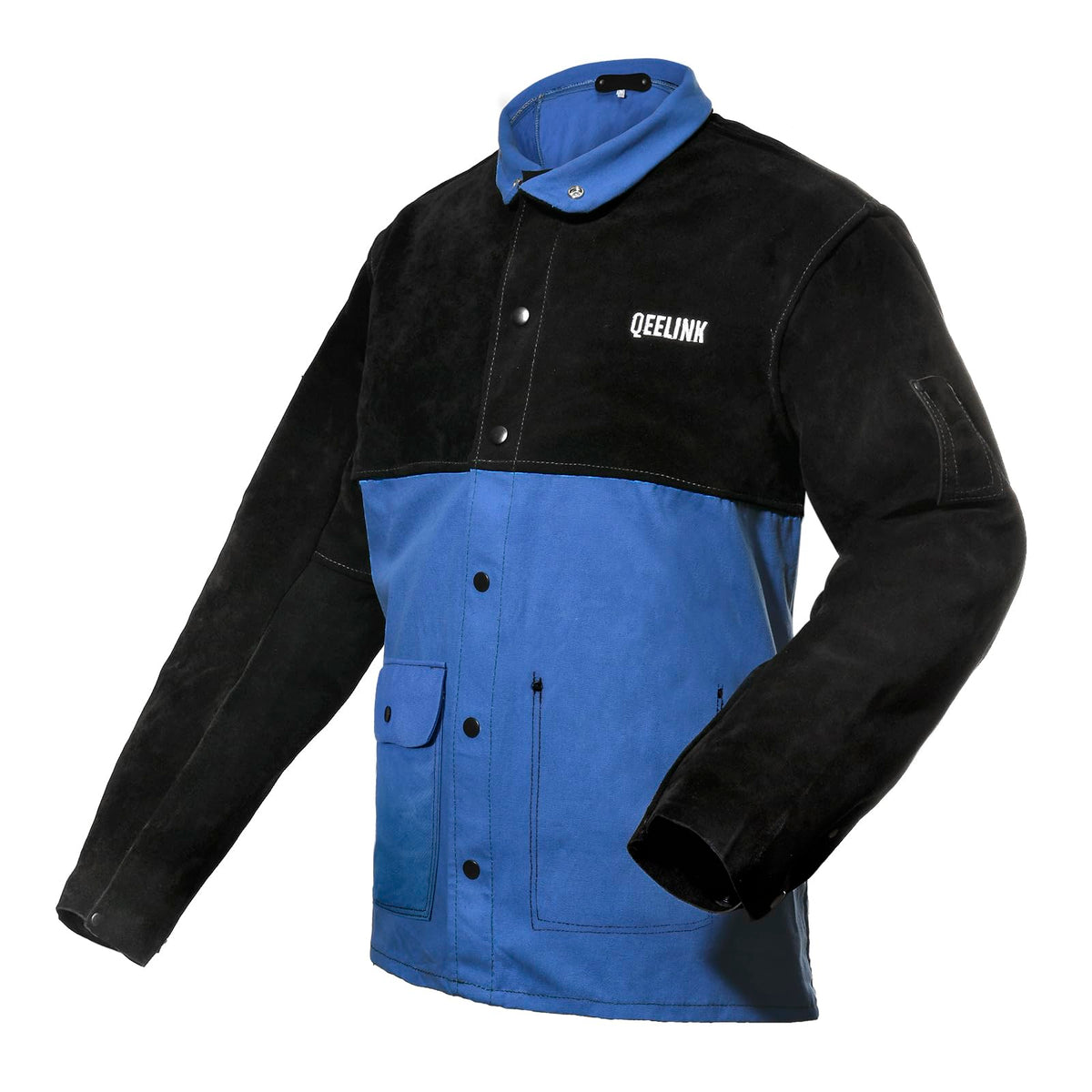 QeeLink Welding Jacket front view with split leather sleeves for enhanced heat protection.