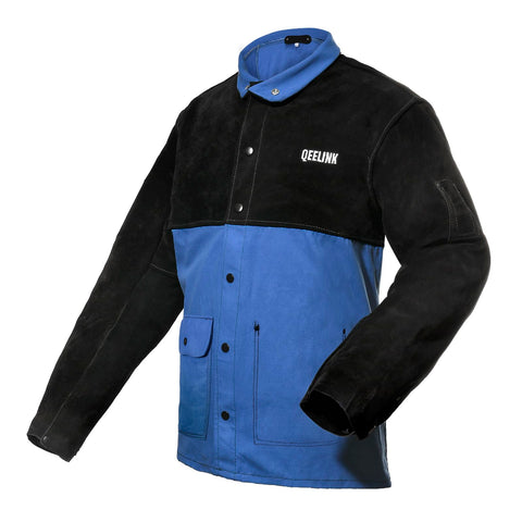 QeeLink Welding Jacket front view with split leather sleeves for enhanced heat protection.