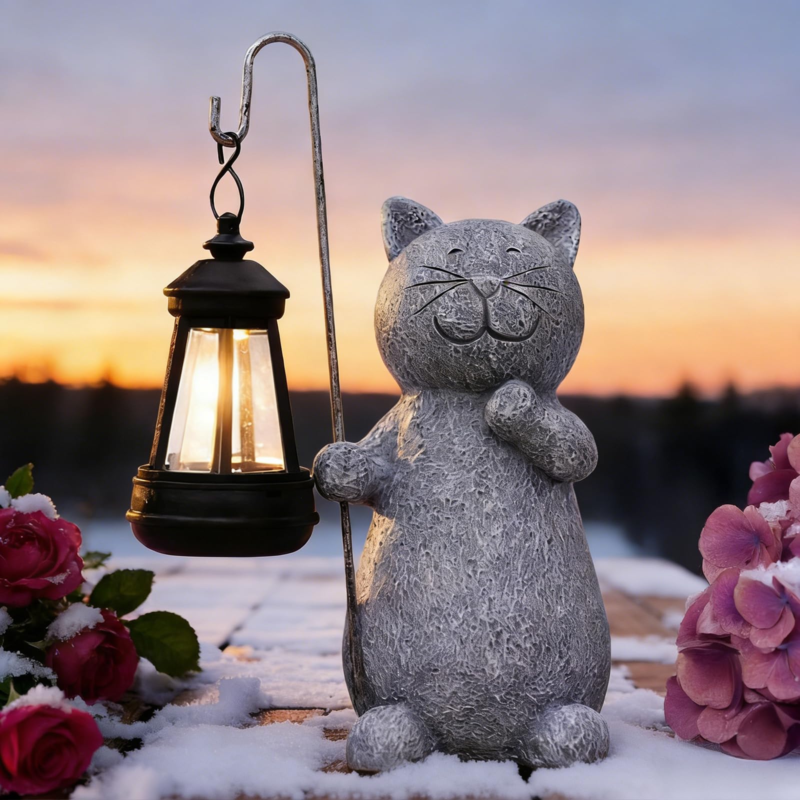 Qeeman solar cat statue charges in sunlight for inviting garden lighting.