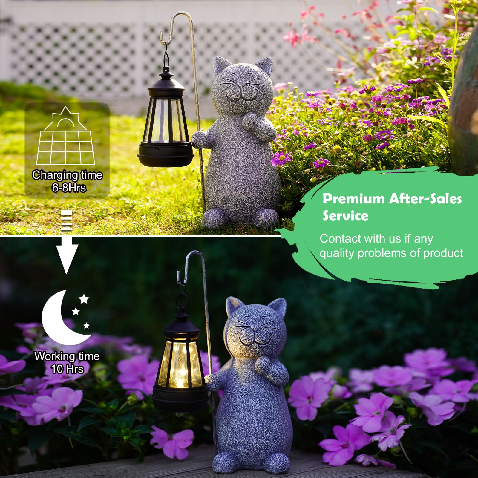 Qeeman cat statue on porch lights up softly during evenings.