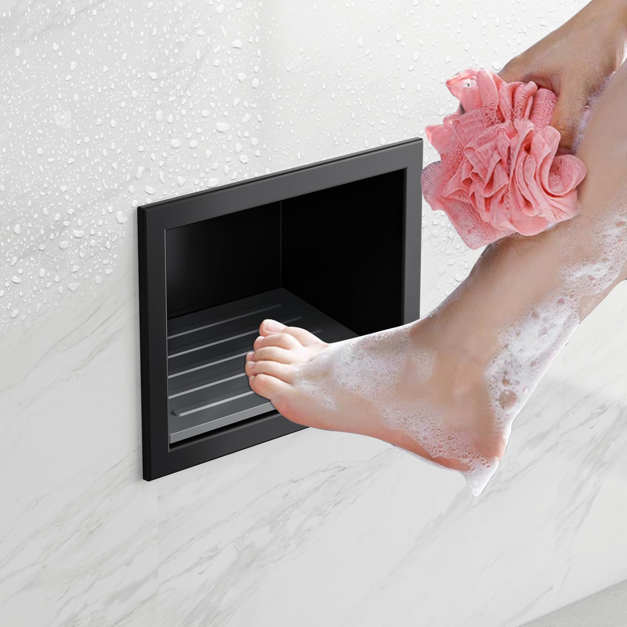 Qeke shower foot rest matte black front view shows sturdy balance support