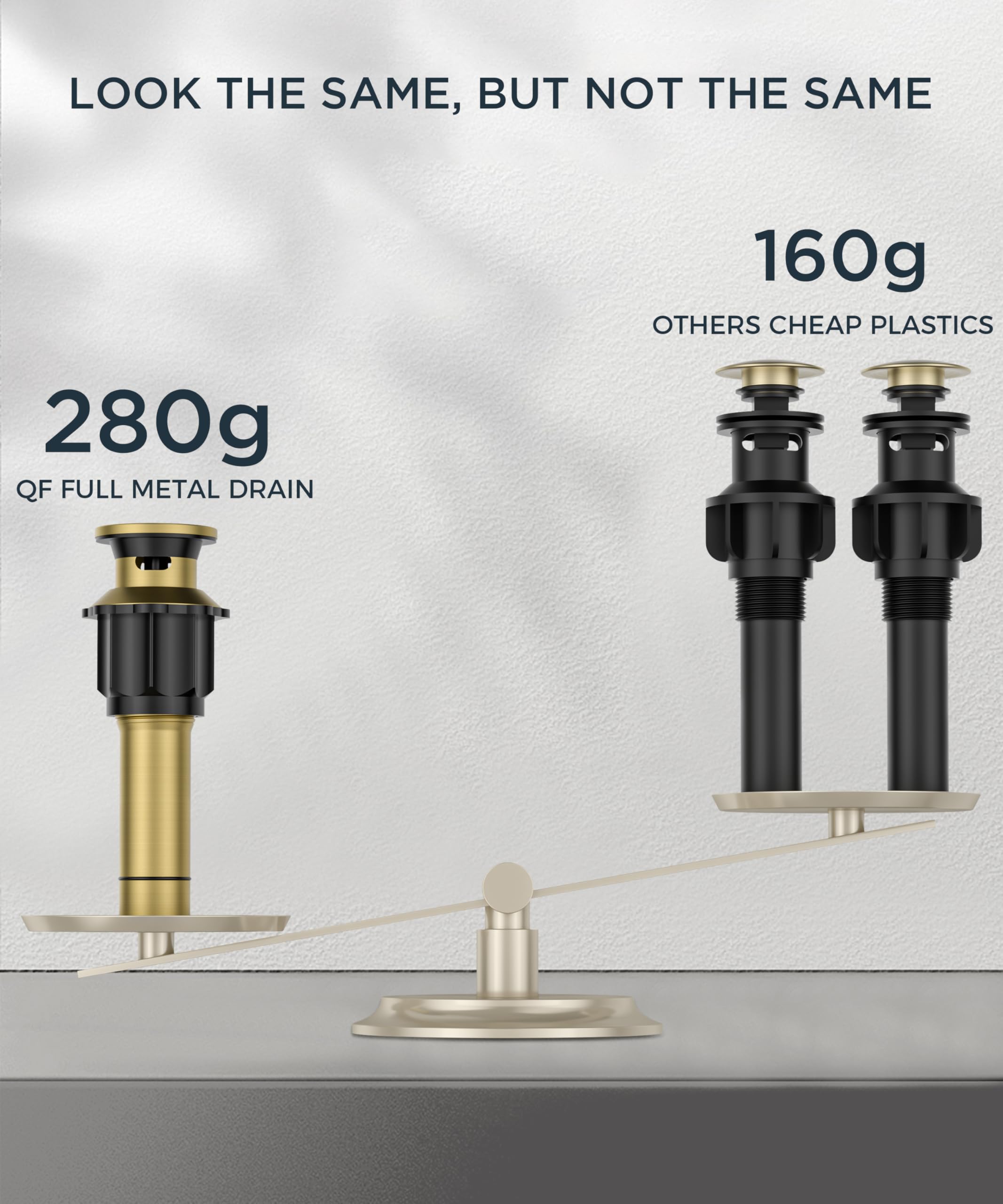 QFN Brushed Gold Metal Pop-Up Drain matches faucet finish