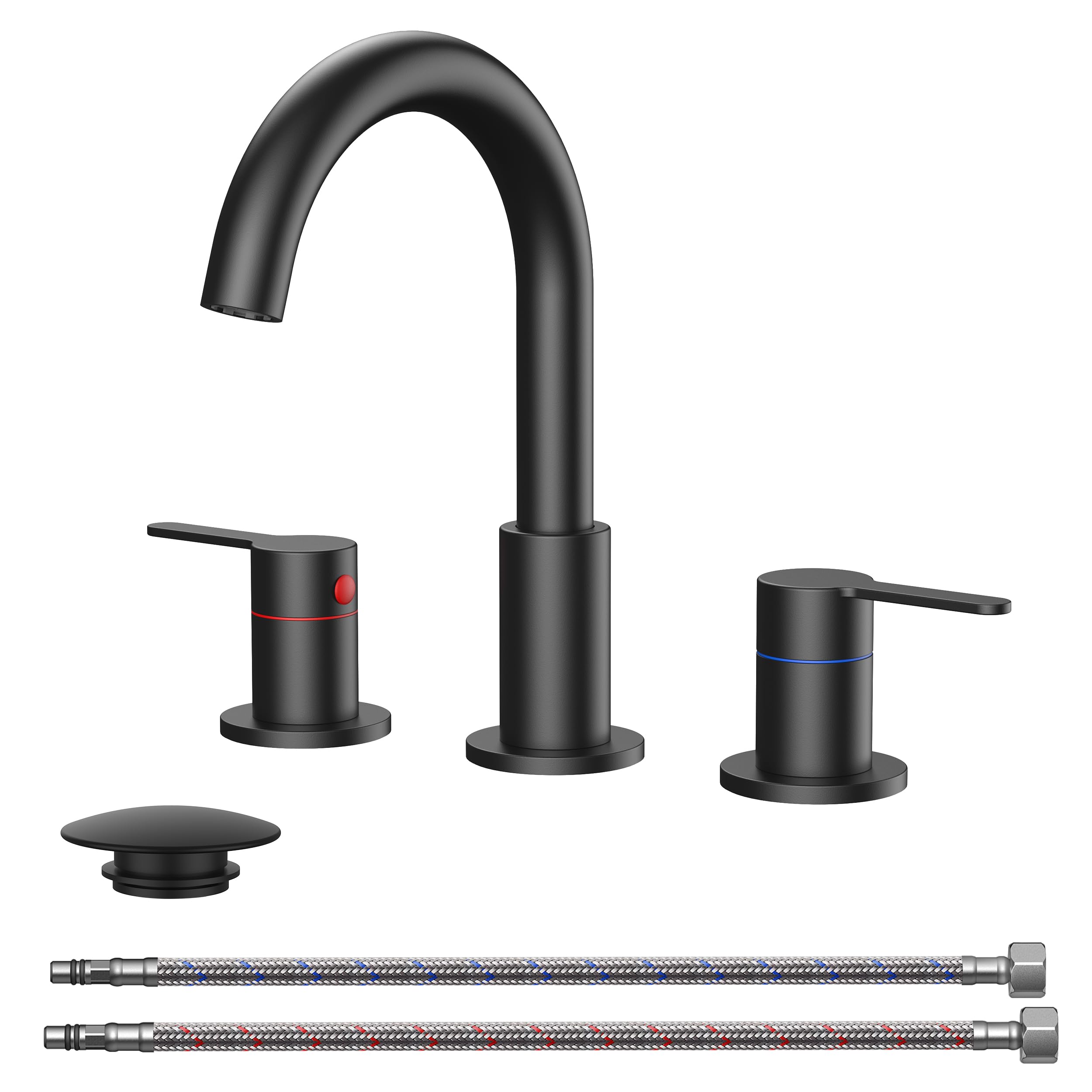 QFN matte black faucet with 8-inch, 3-hole spread for easy install.