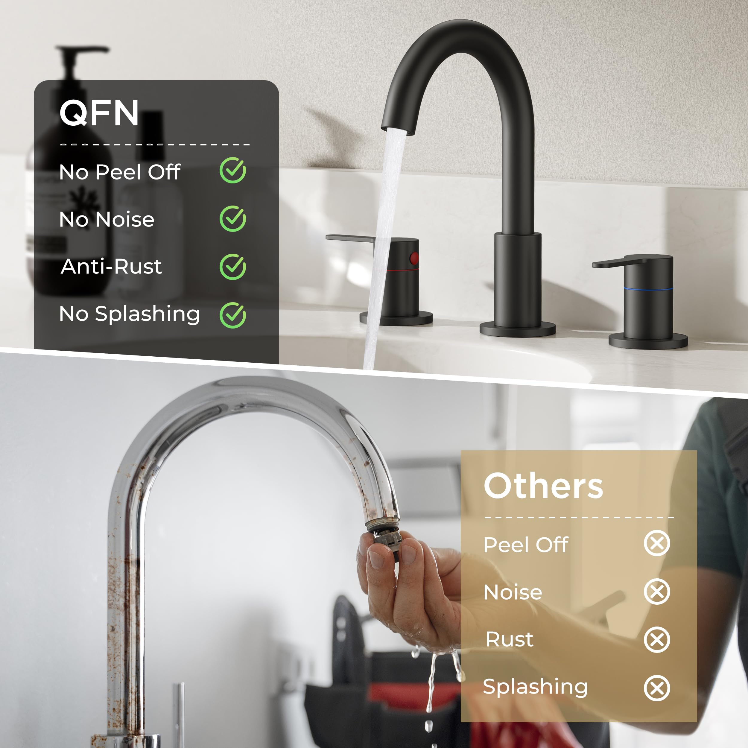 QFN matte black 360-degree rotating spout for flexible reach and reduced splashing.