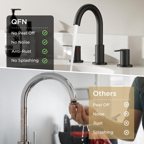 QFN matte black 360-degree rotating spout for flexible reach and reduced splashing.