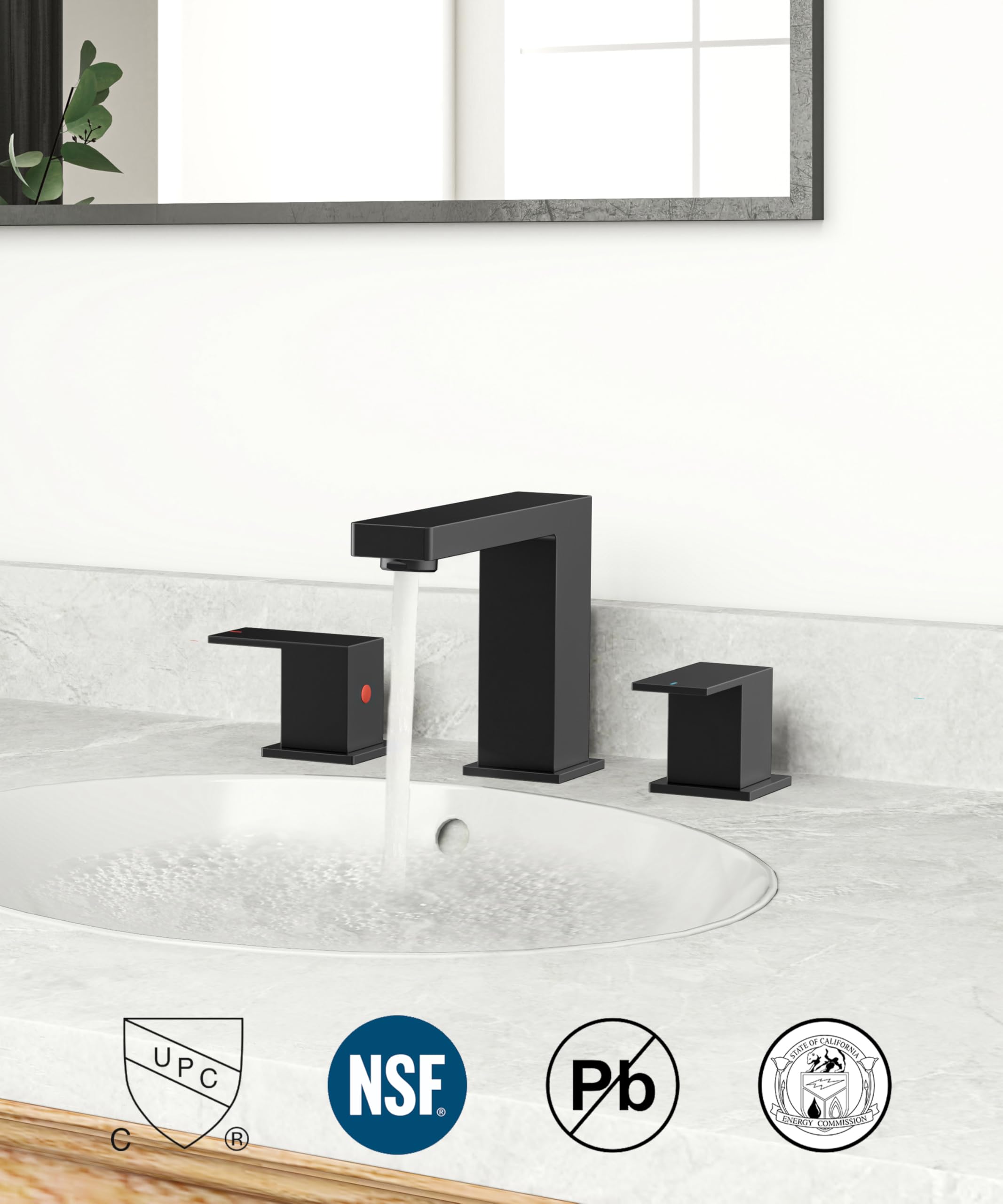 Two-handle control on QFN matte black faucet for precise water flow.