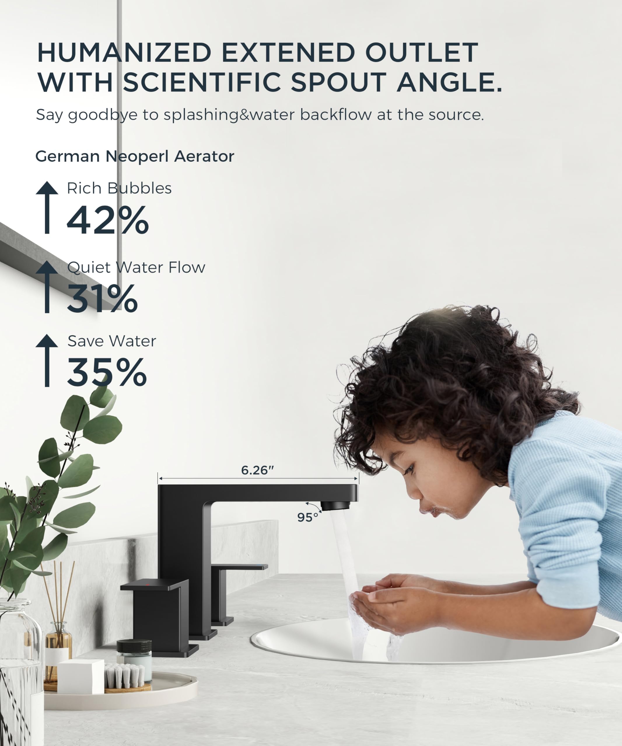 Angled spout over the drain reduces counter splashes for a cleaner look.