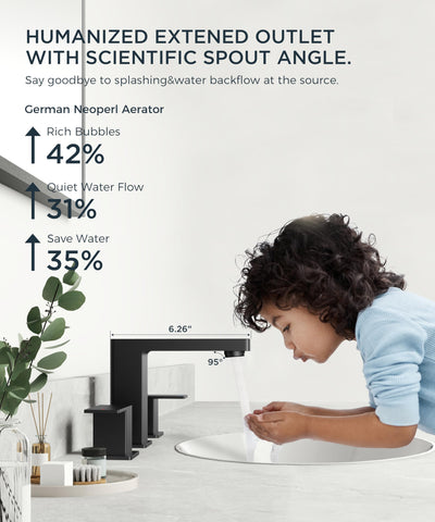 Angled spout over the drain reduces counter splashes for a cleaner look.