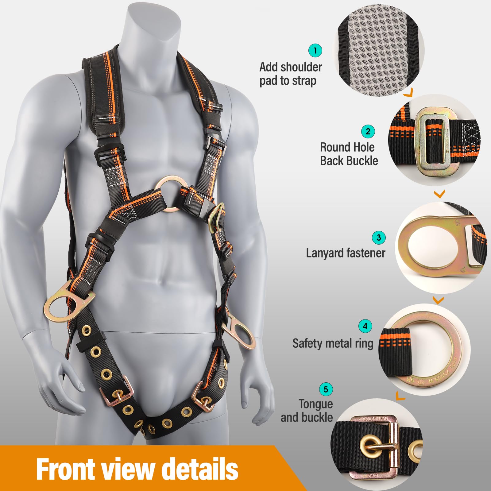 QFU full body safety harness back view showing padded back support for extended wear