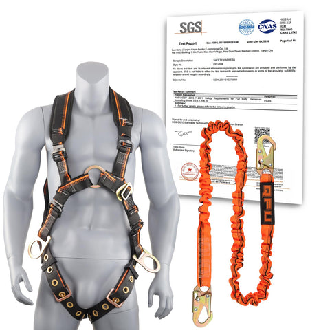 QFU full body safety harness front view emphasizes padded straps and secure positioning for comfort