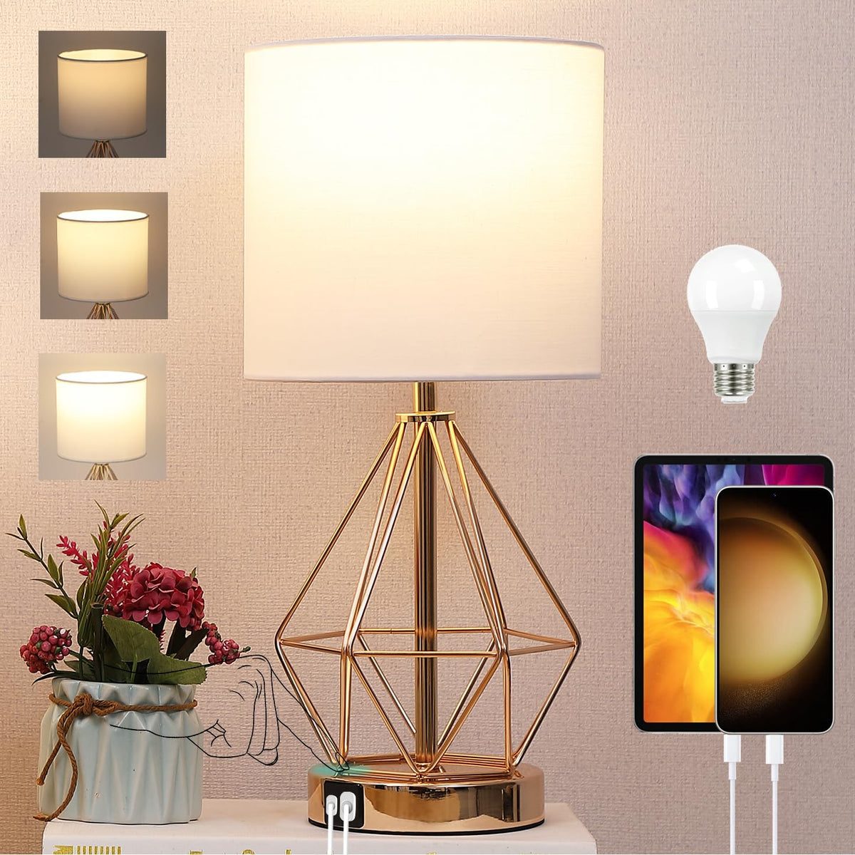 QHANTOMIZE table lamp with USB ports charges two devices simultaneously
