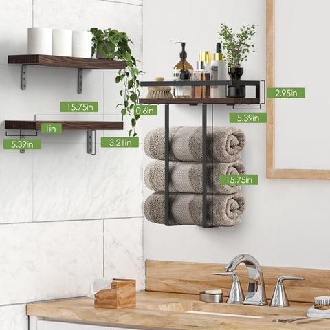 QHMCHLDZ 16-inch solid wood shelf system provides sturdy storage above the vanity.