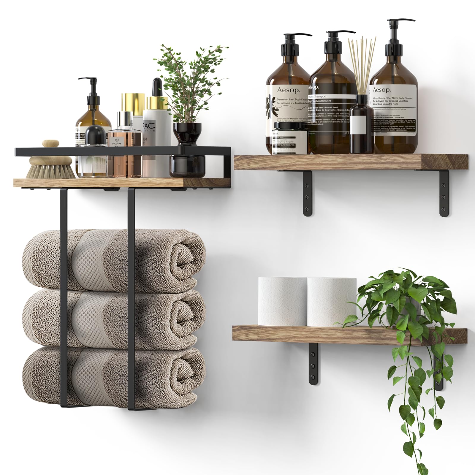 QHMCHLDZ organized bathroom setup with towels and toiletries neatly stored.