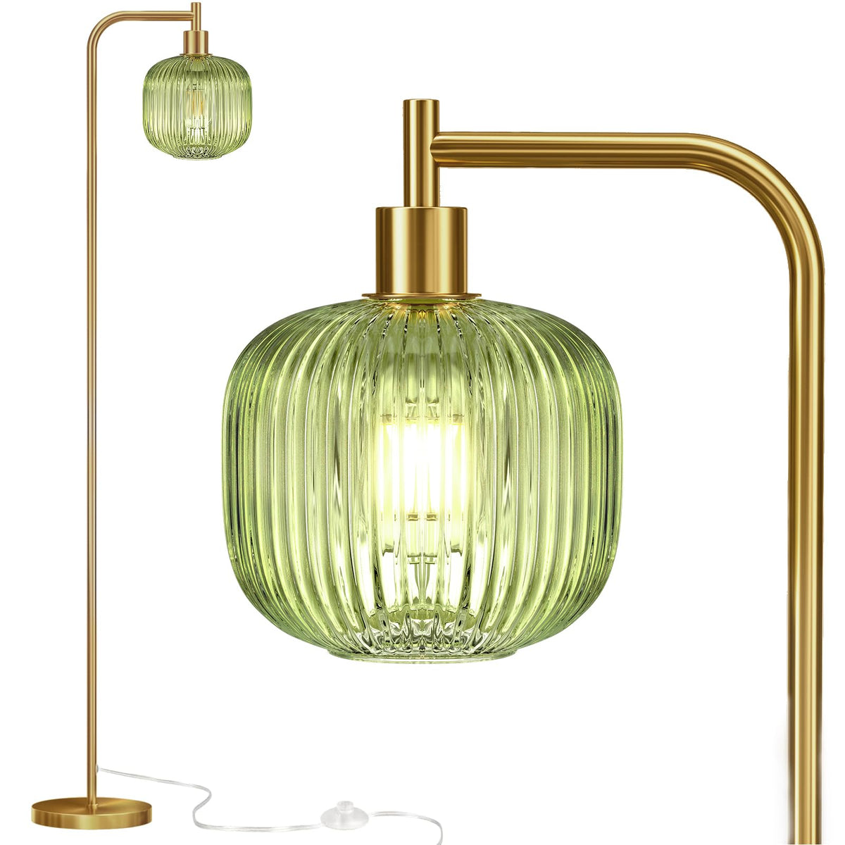 QiMH glass floor lamp with ribbed shade for warm living room lighting