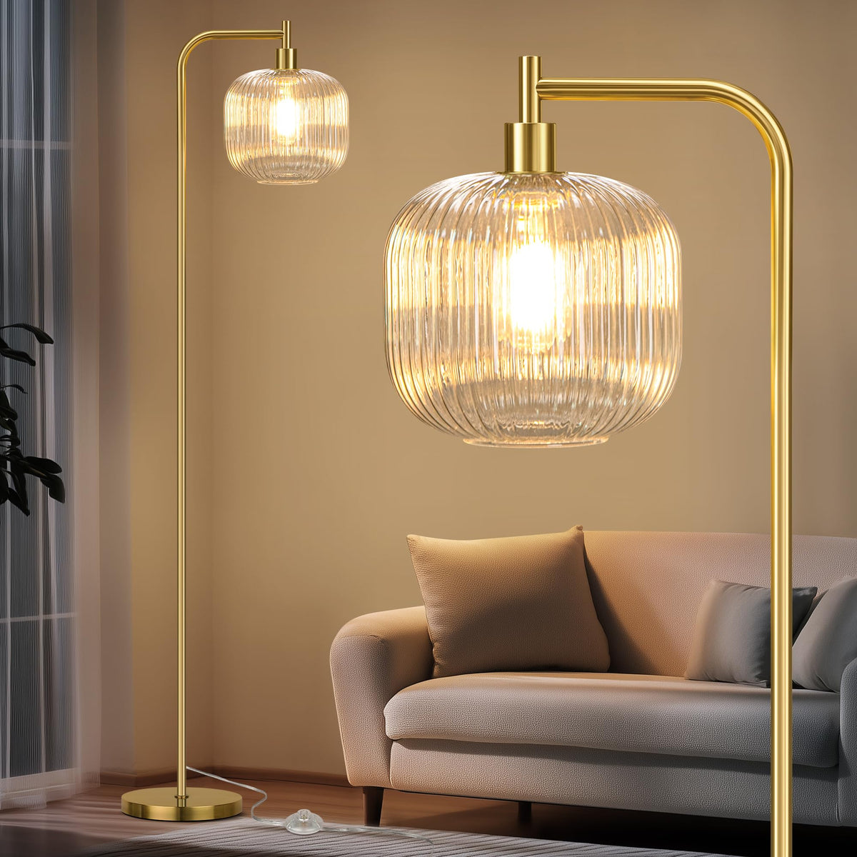 QiMH glass floor lamp with ribbed shade for cozy living room lighting
