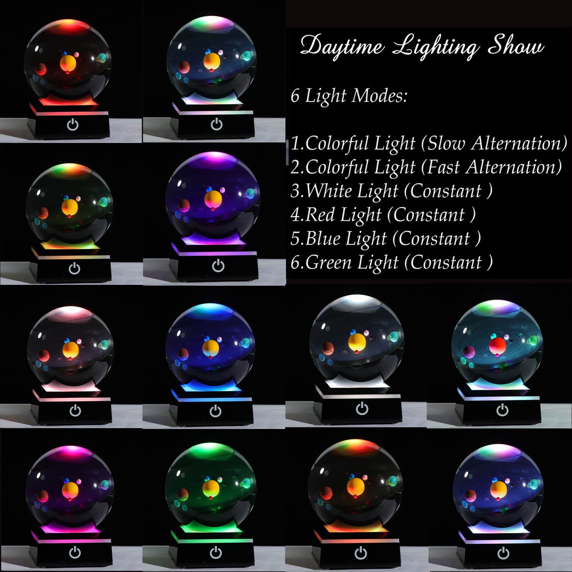 Qianwei LED base illuminates the planetary model with vibrant color modes at night.