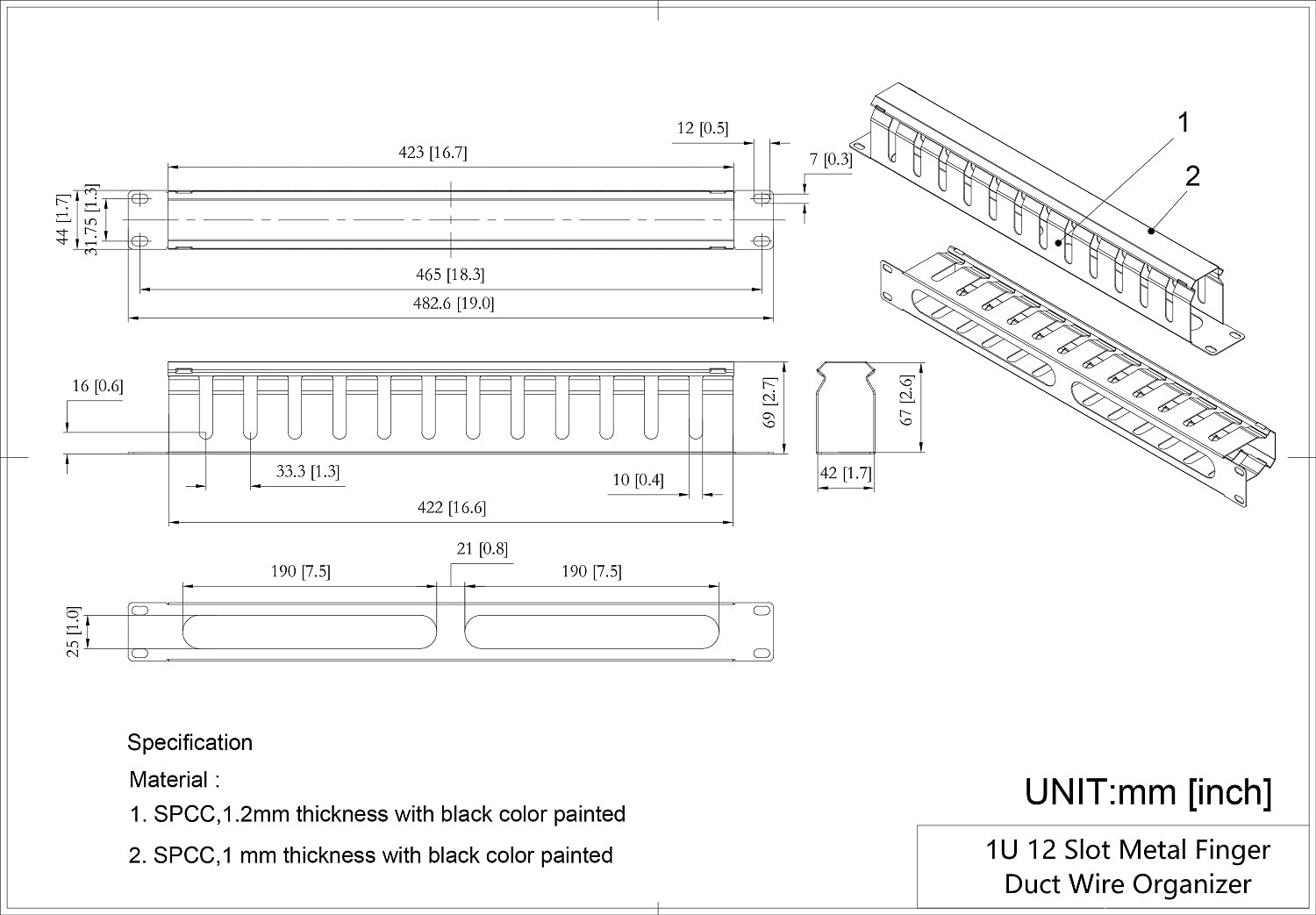 QiaoYoubang 1U cable manager side profile highlighting steel design