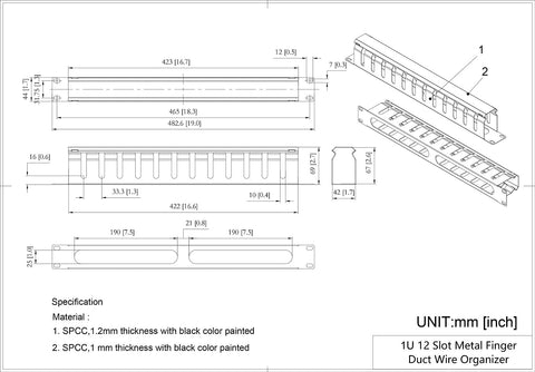 QiaoYoubang 1U cable manager side profile highlighting steel design