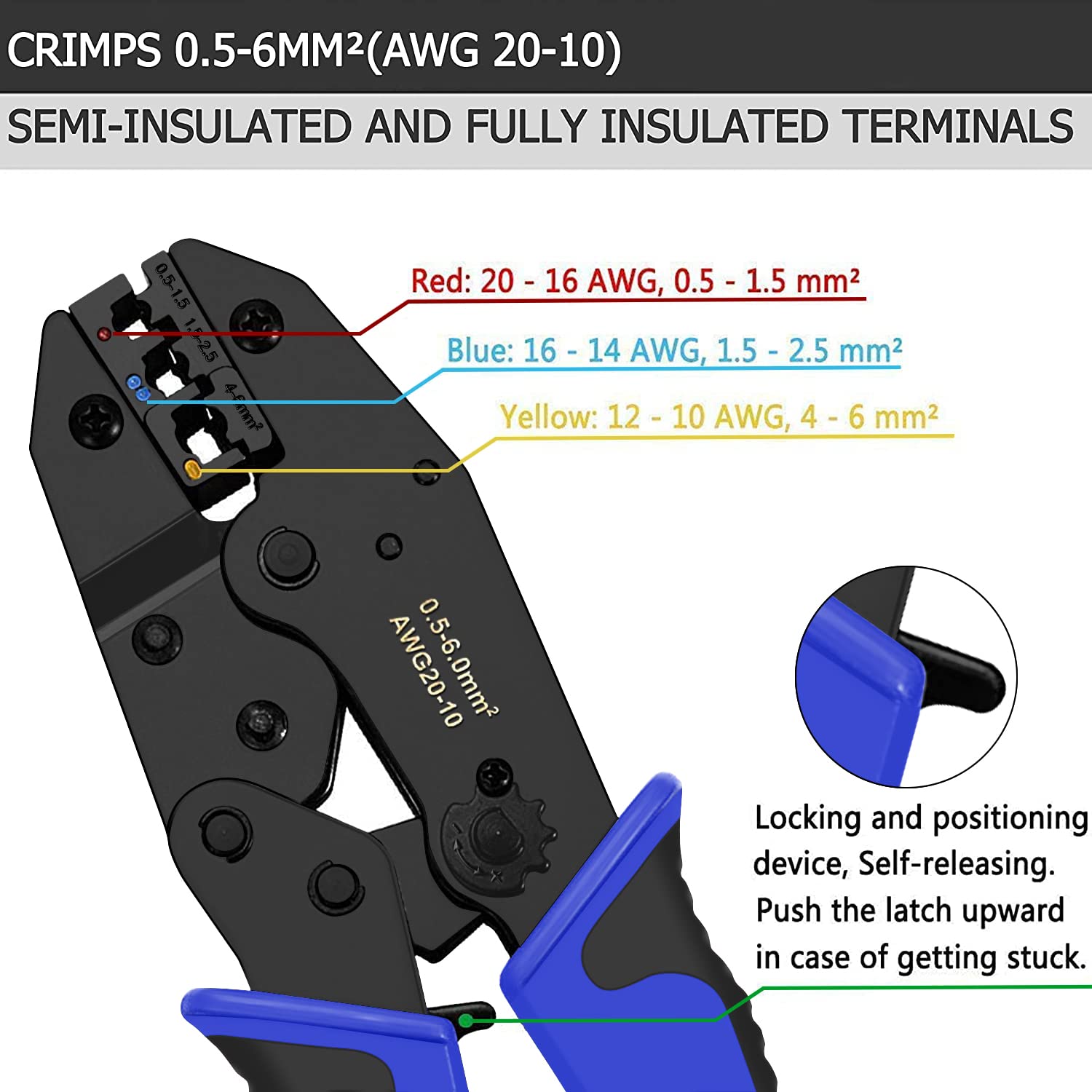Qibaok tool shows color-coded jaw for quick wire size identification during crimping.