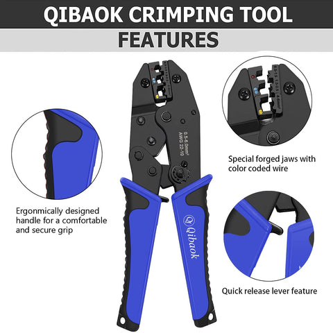 Qibaok tool kit ratcheting mechanism in action supports consistent crimps.