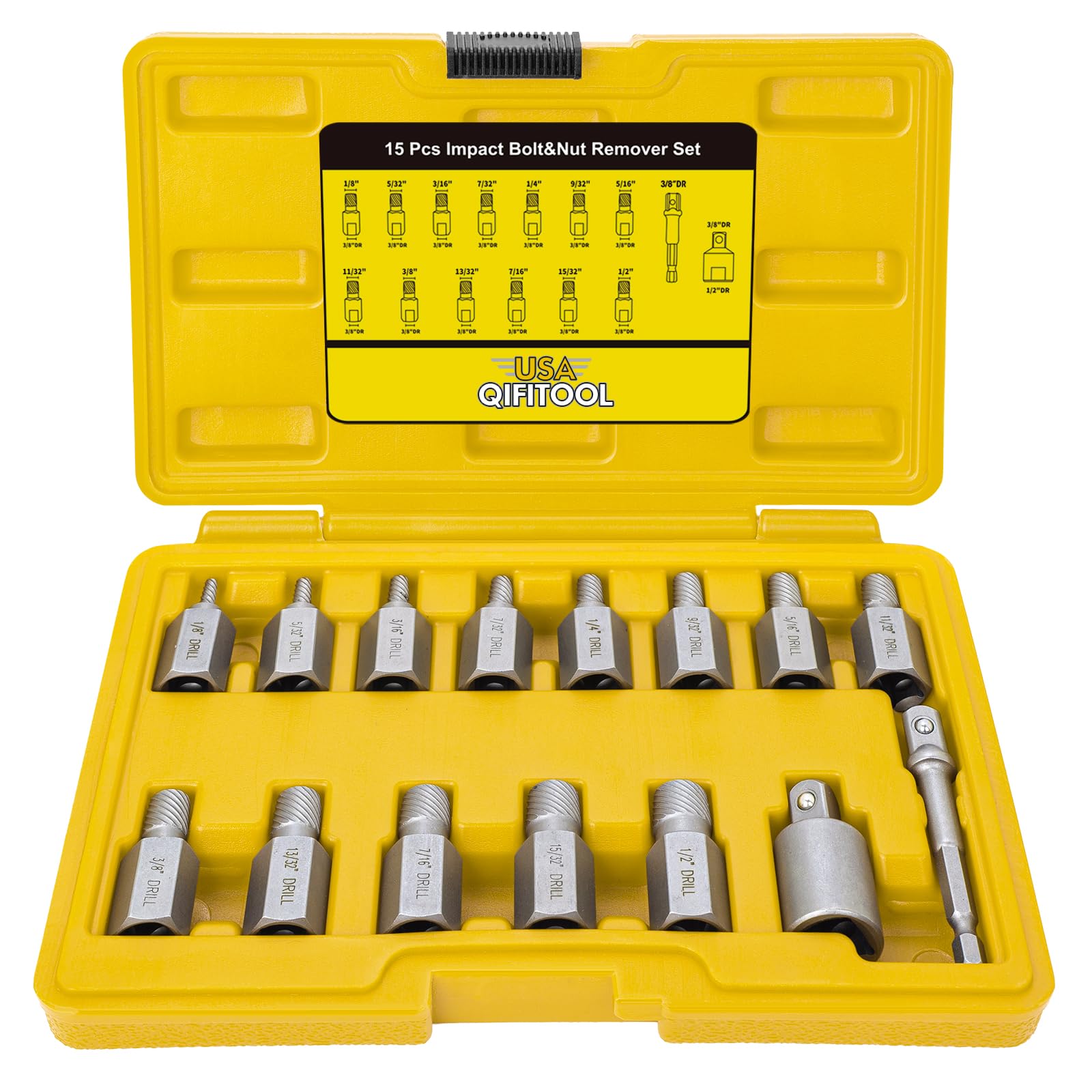 QIFITOOL screw extractor set with 3/8 inch drive for fast removal of stripped bolts.