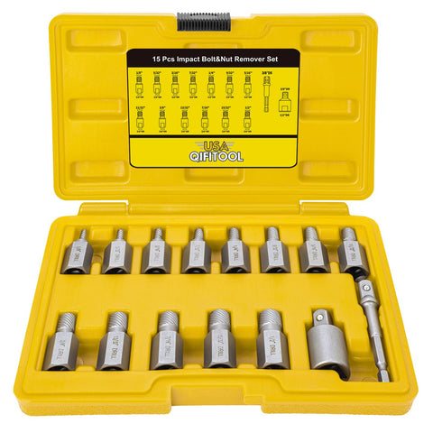QIFITOOL screw extractor set with 3/8 inch drive for fast removal of stripped bolts.