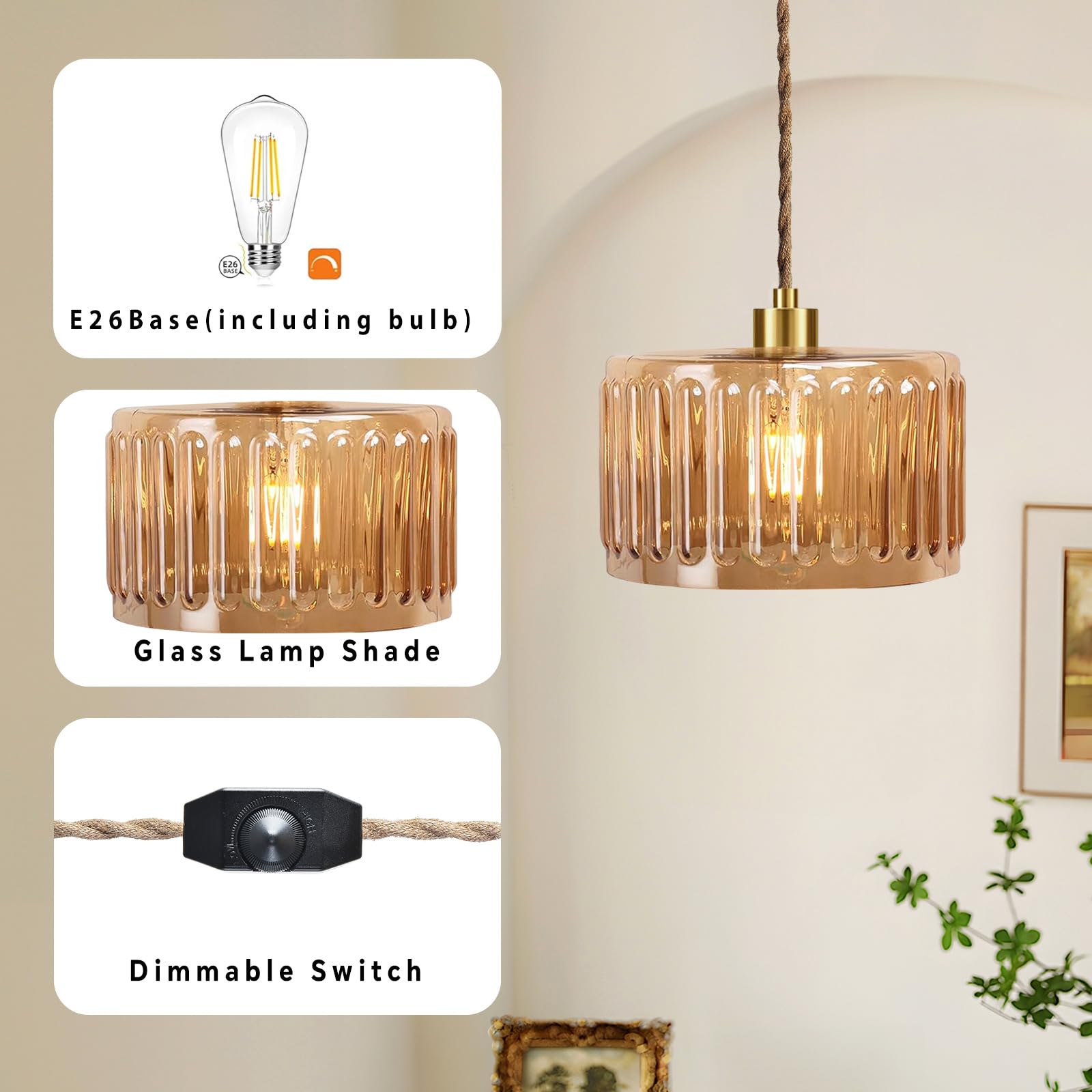 QIYIZM amber glass pendant light over kitchen island adds warm focus.