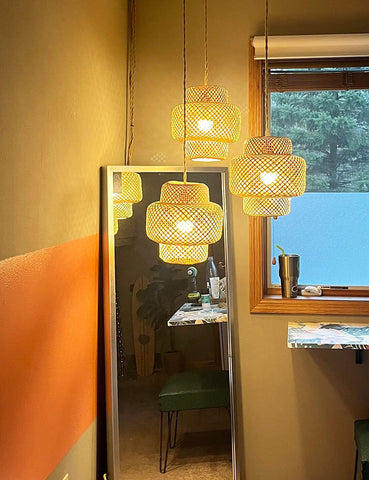 QIYIZM bamboo shade hanging lamp adds natural texture