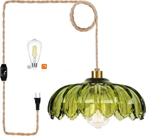QIYIZM plug-in pendant light with green glass shade adds cozy ambience to living spaces.