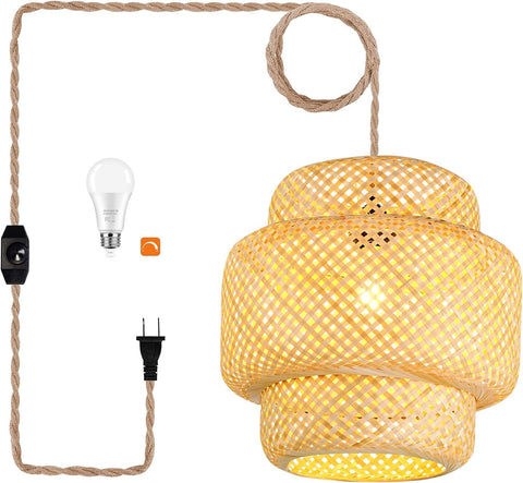 QIYIZM plug-in pendant light with rattan shade for cozy living room ambiance