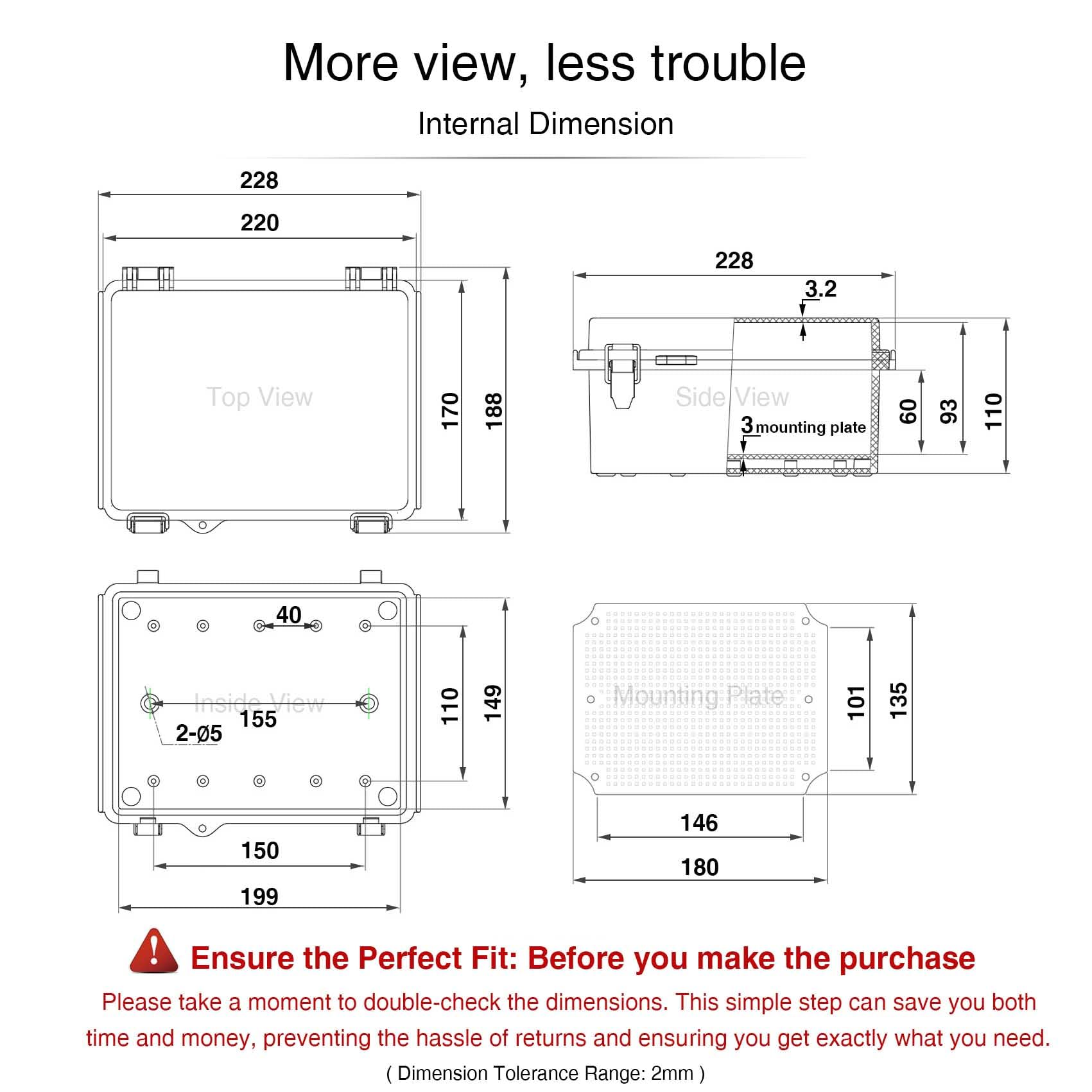 QILIPSU Outdoor WiFi Enclosure dimension specs, shows precise fit.