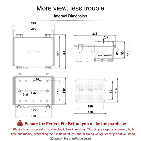 QILIPSU Outdoor WiFi Enclosure dimension specs, shows precise fit.