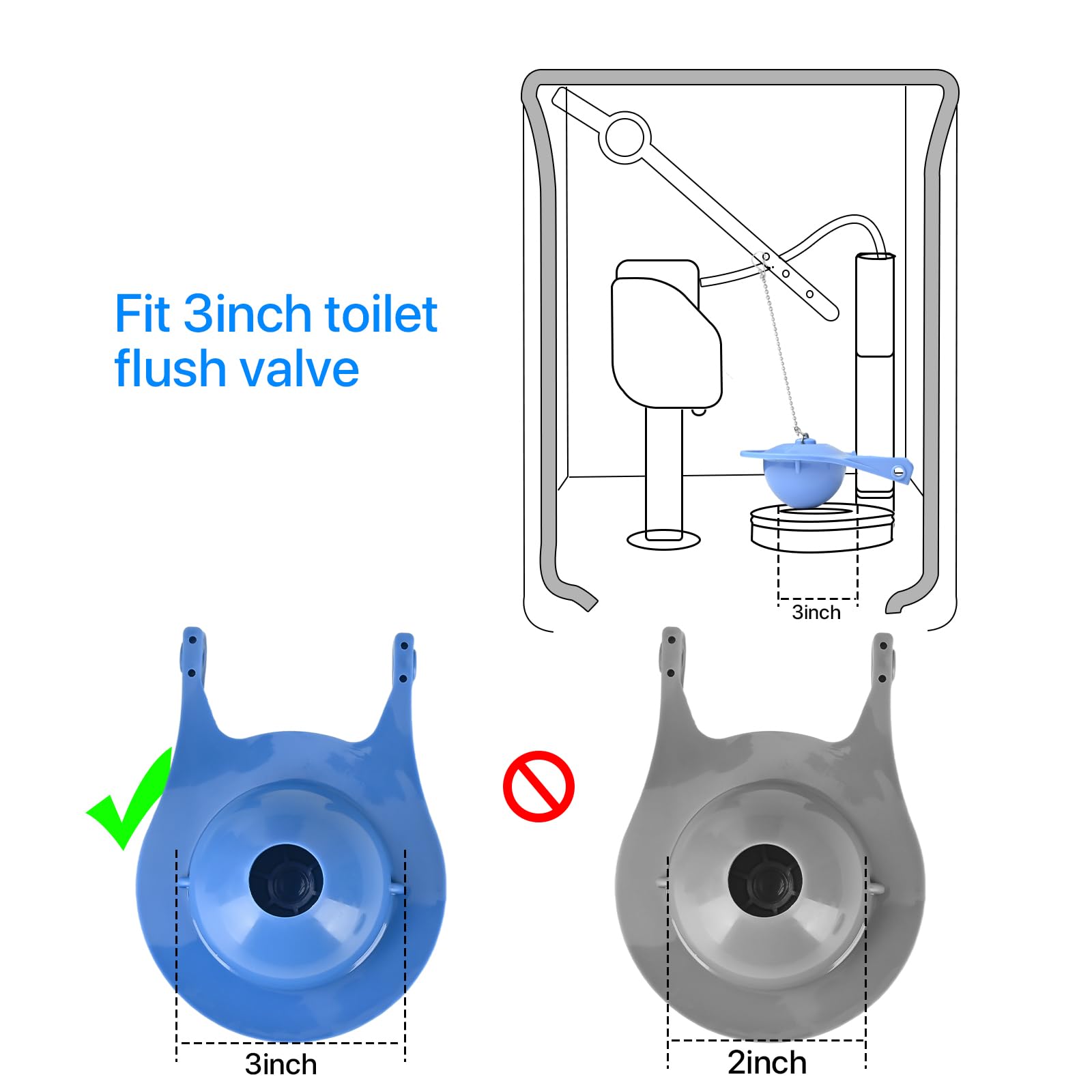 Blue 3-inch flapper with overflow-tube clip for easy installation.
