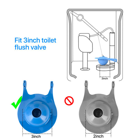 Blue 3-inch flapper with overflow-tube clip for easy installation.