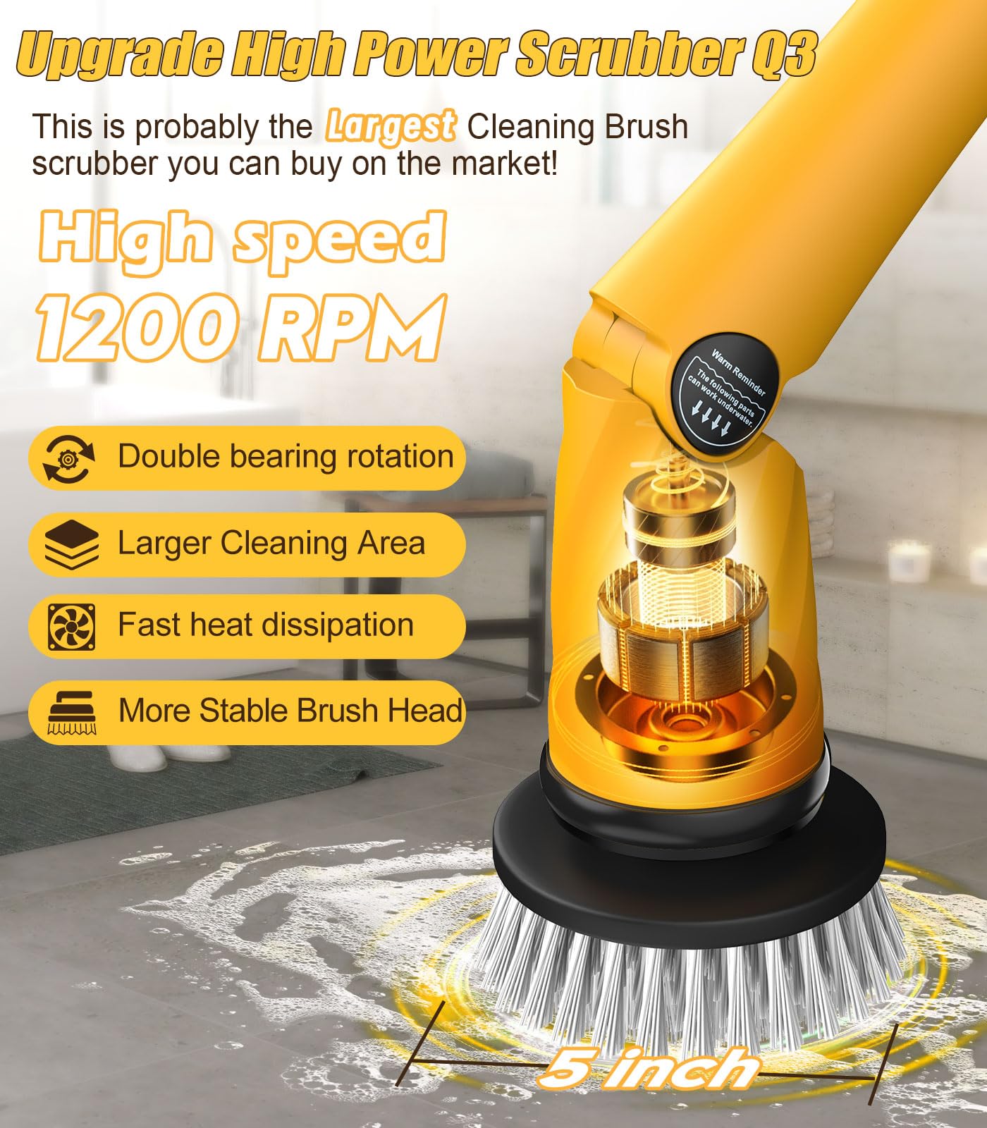 Qimedo scrubber at 1200 RPM with multiple modes for tough stains.