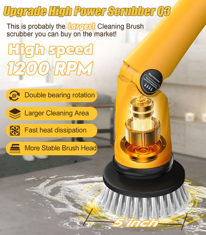 Qimedo scrubber at 1200 RPM with multiple modes for tough stains.