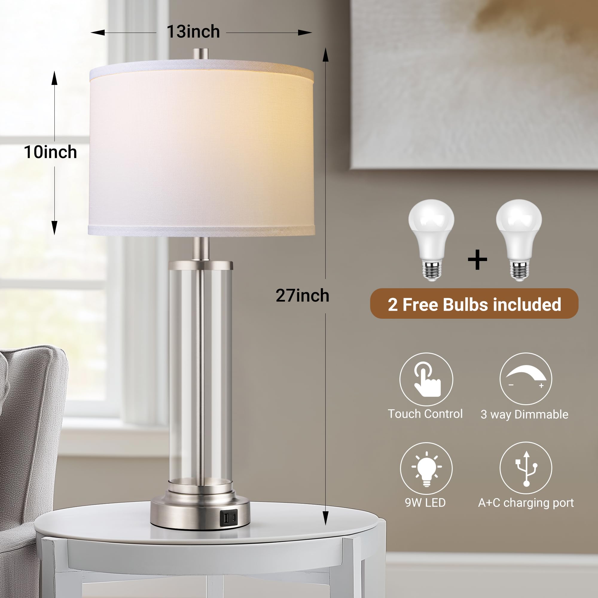 QiMH bedside lamp offering 3-way dimming for customizable brightness