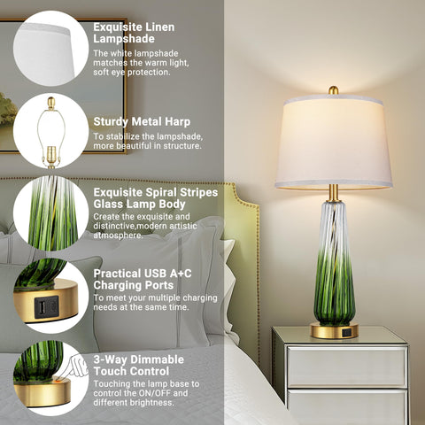 QiMH bedside lamp with USB A+C ports for convenient device charging.
