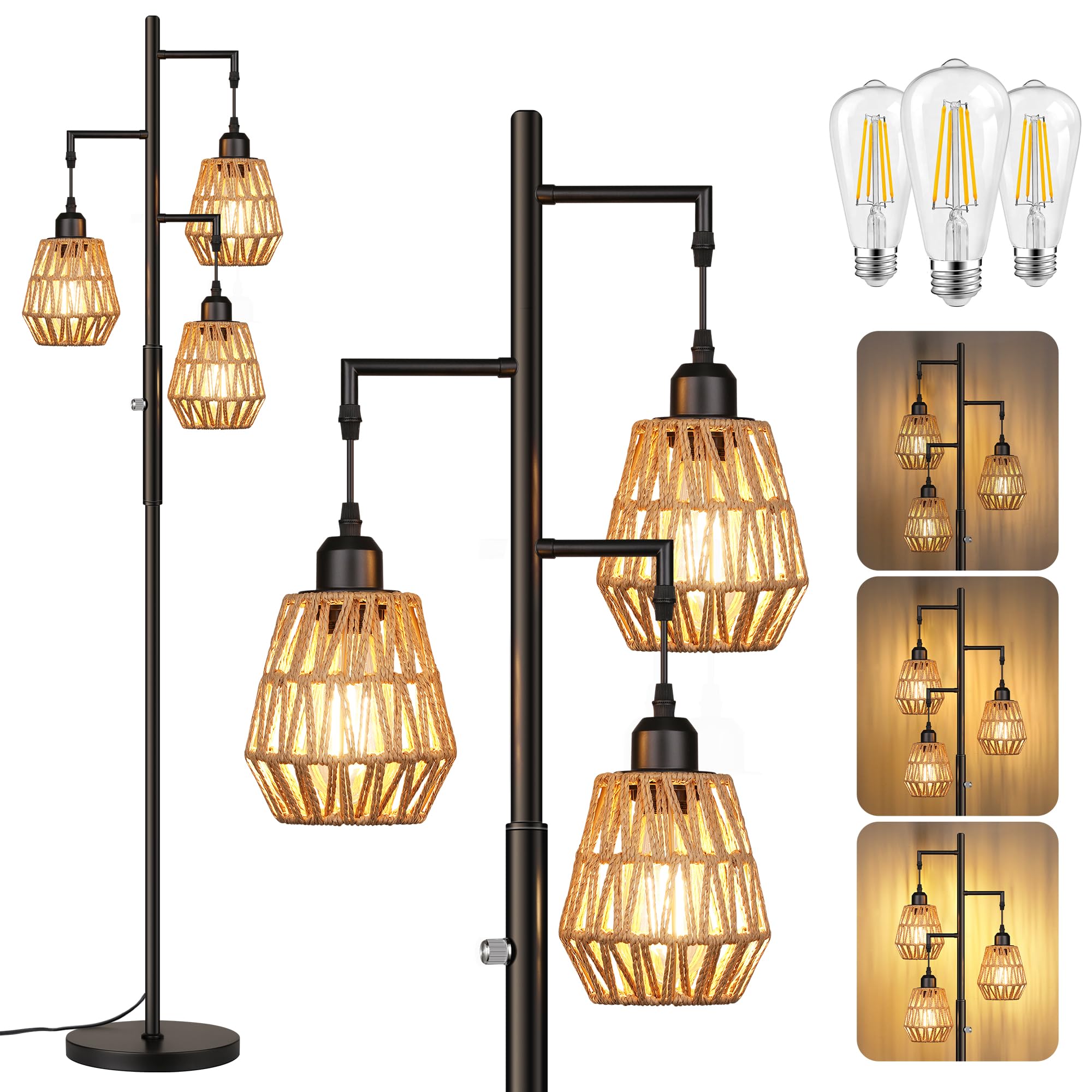 QiMH Farmhouse floor lamp with 3-light cage shades for warm ambience.