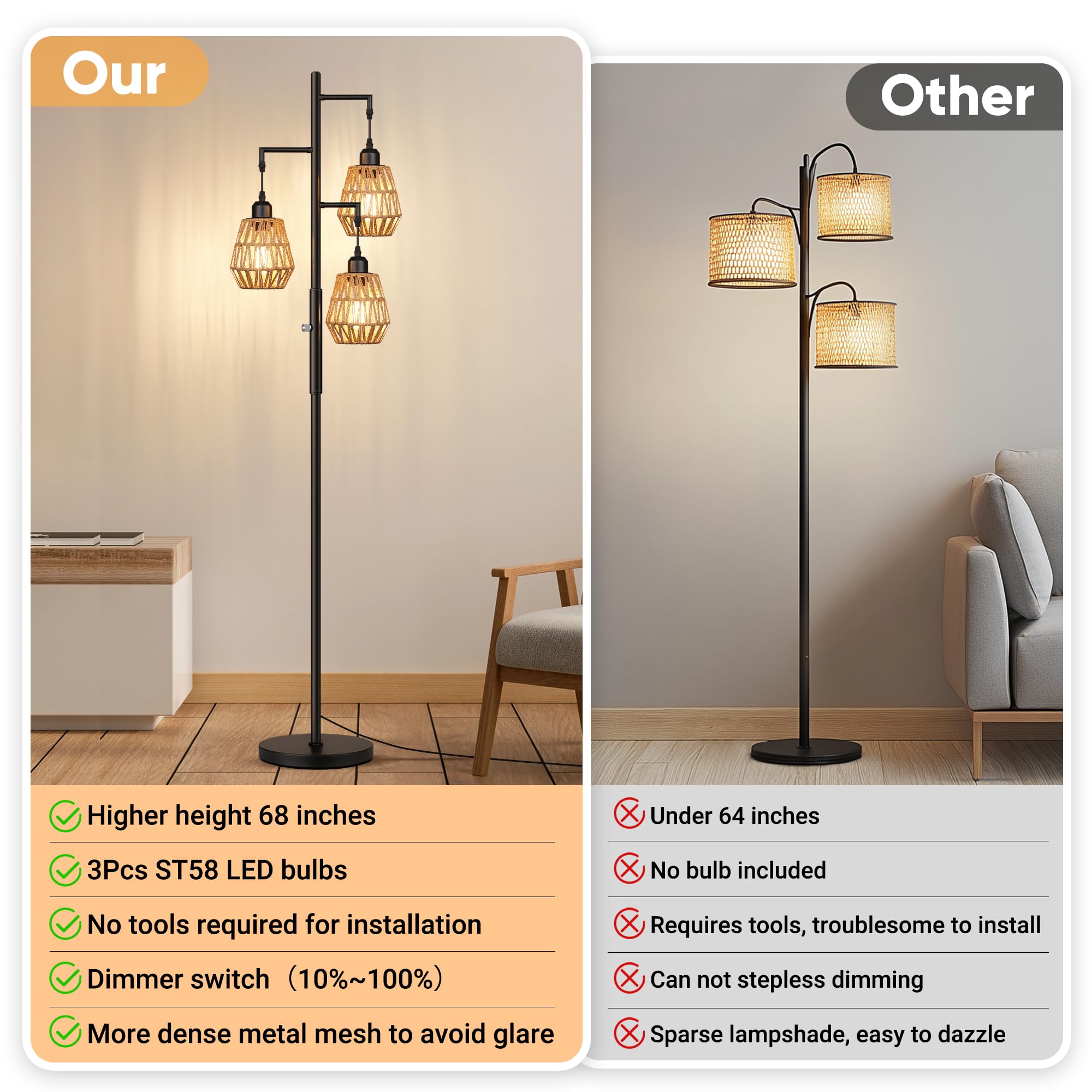QiMH tall lamp features a sturdy base and metal pole.