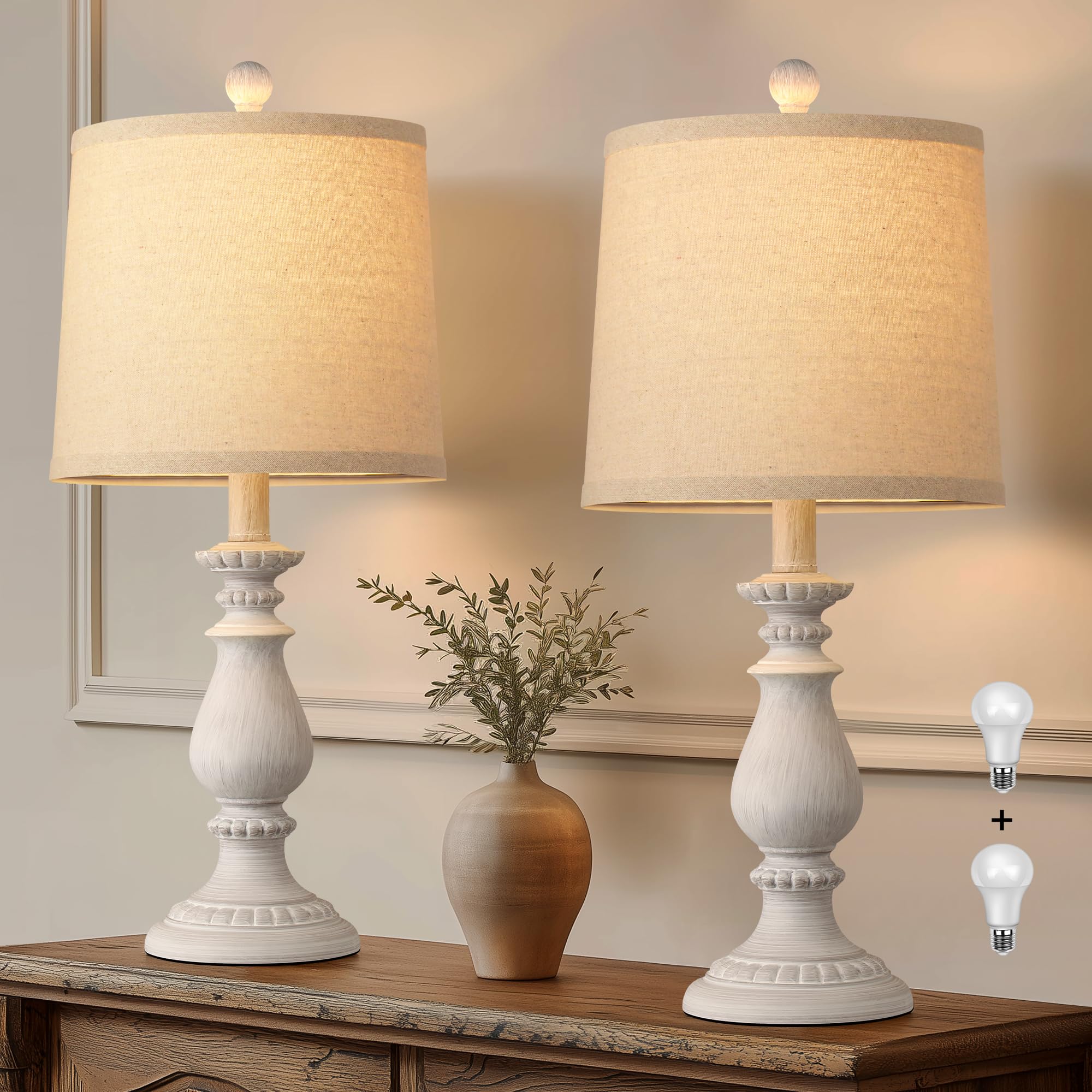 QiMH Farmhouse lamp base detail highlights antique white ribbed resin base for timeless bedside style.