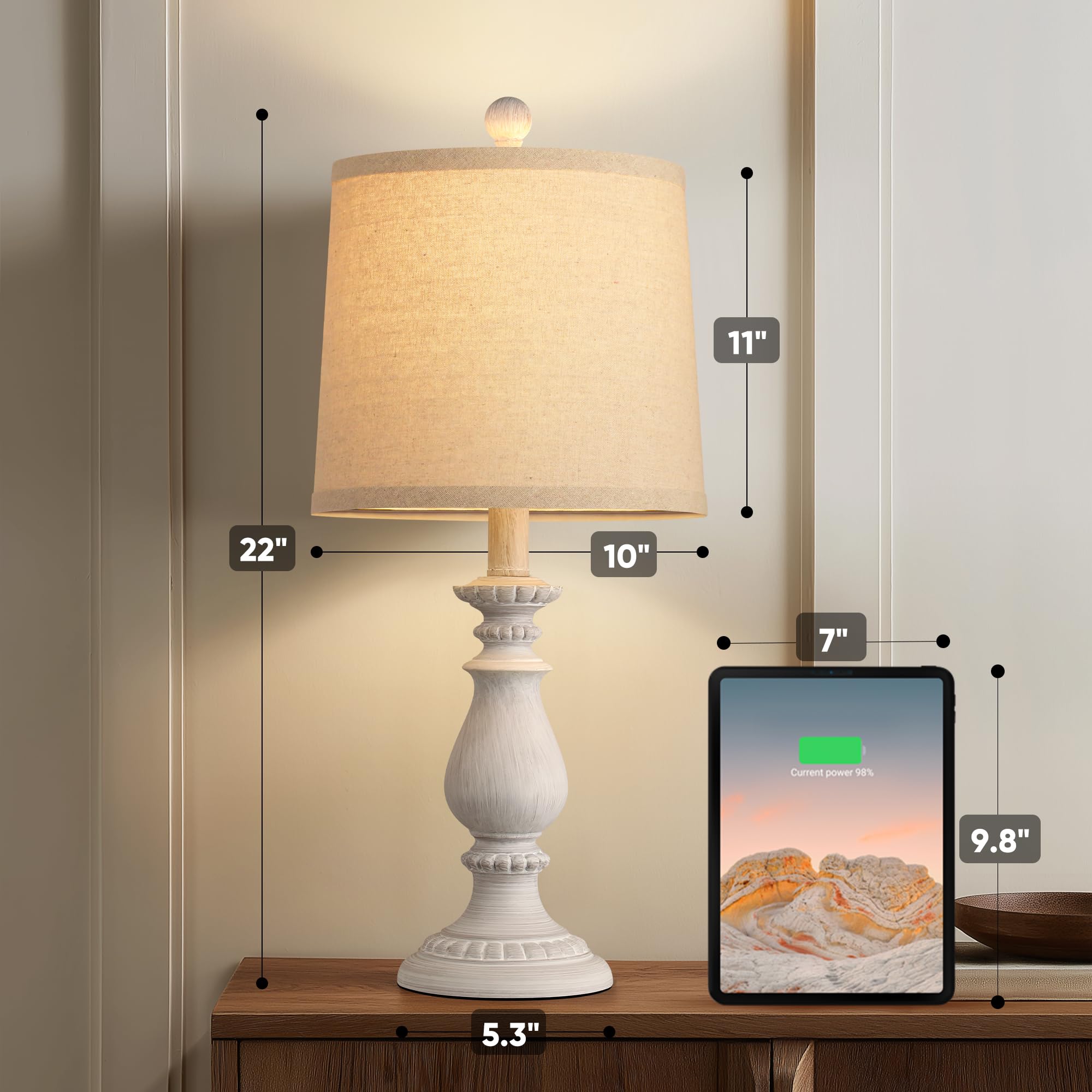 QiMH Farmhouse lamp linen shade close-up highlights warm diffused glow for cozy evenings.