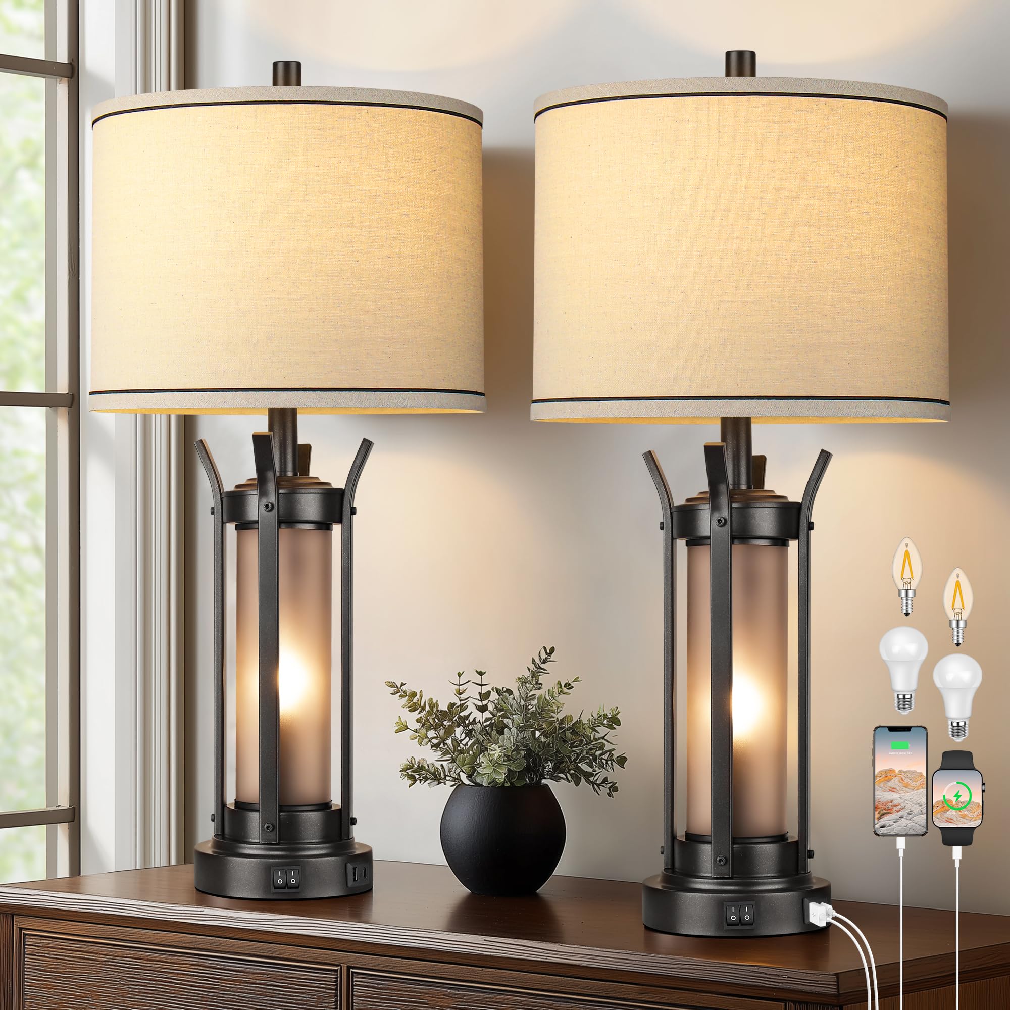 QiMH Farmhouse lamp base view showing durable metal and glass design
