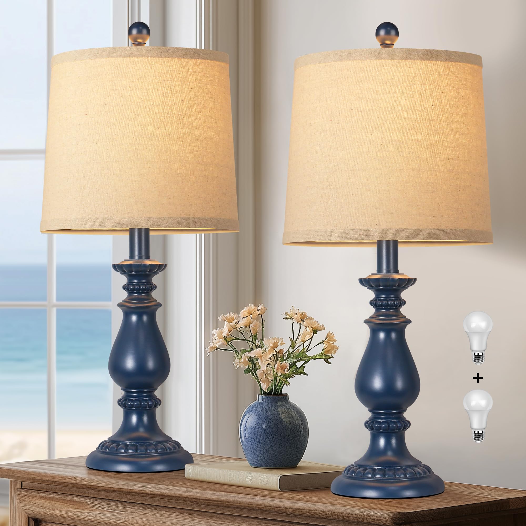 QiMH blue farmhouse table lamps set of 2 with velvety resin finish for stylish living spaces