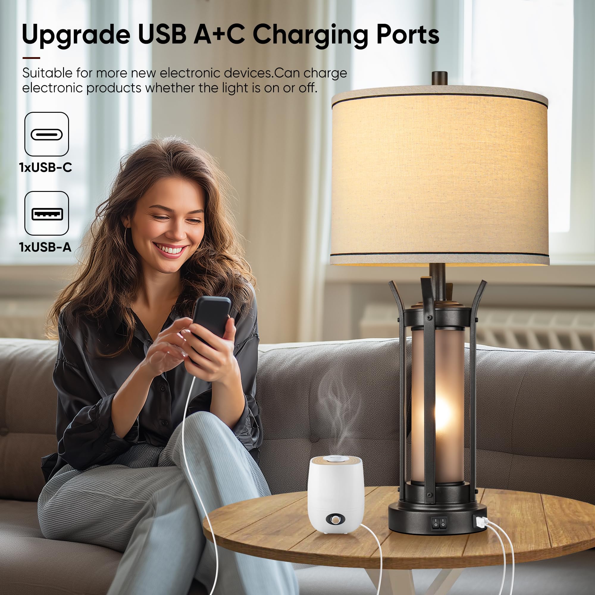QiMH table lamp with USB A+C ports for convenient charging