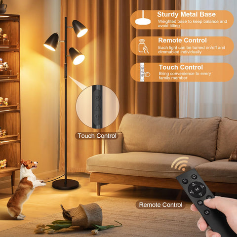 QiMH floor lamp shown with remote control for easy adjustments from the couch.