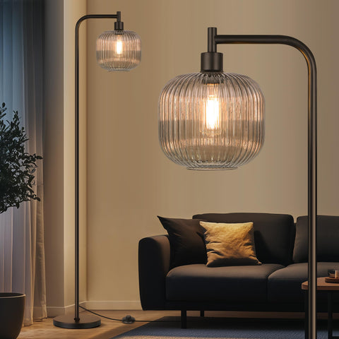 QiMH glass floor lamp front view enhances modern living room ambience