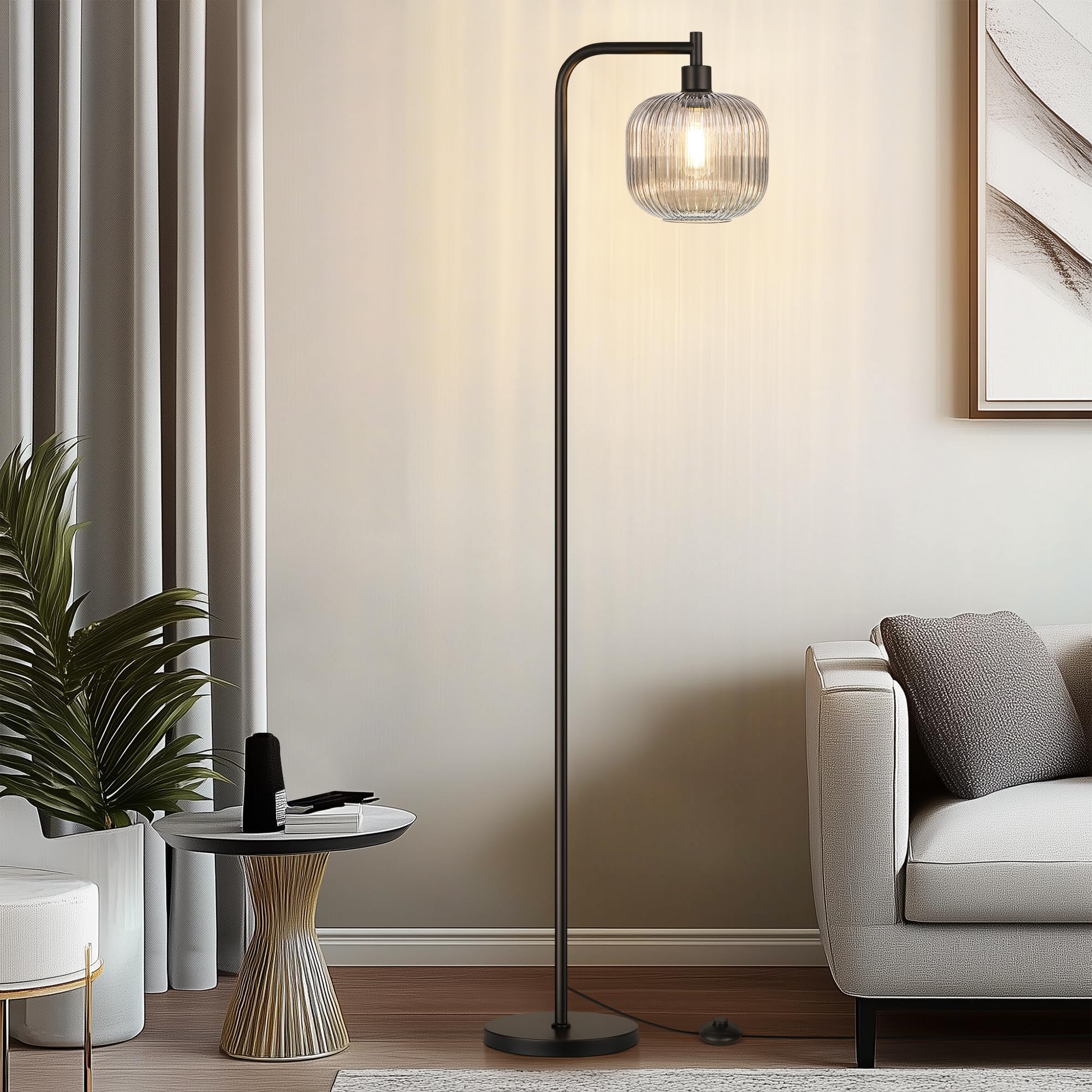 QiMH ribbed grey glass shade close-up highlights soft glow