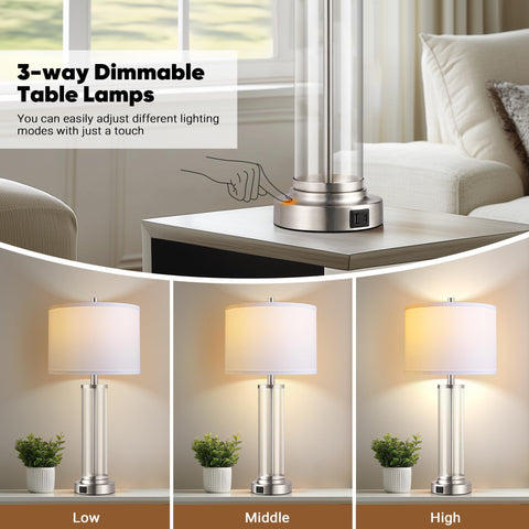 QiMH glass and nickel base lamp with white fabric shade