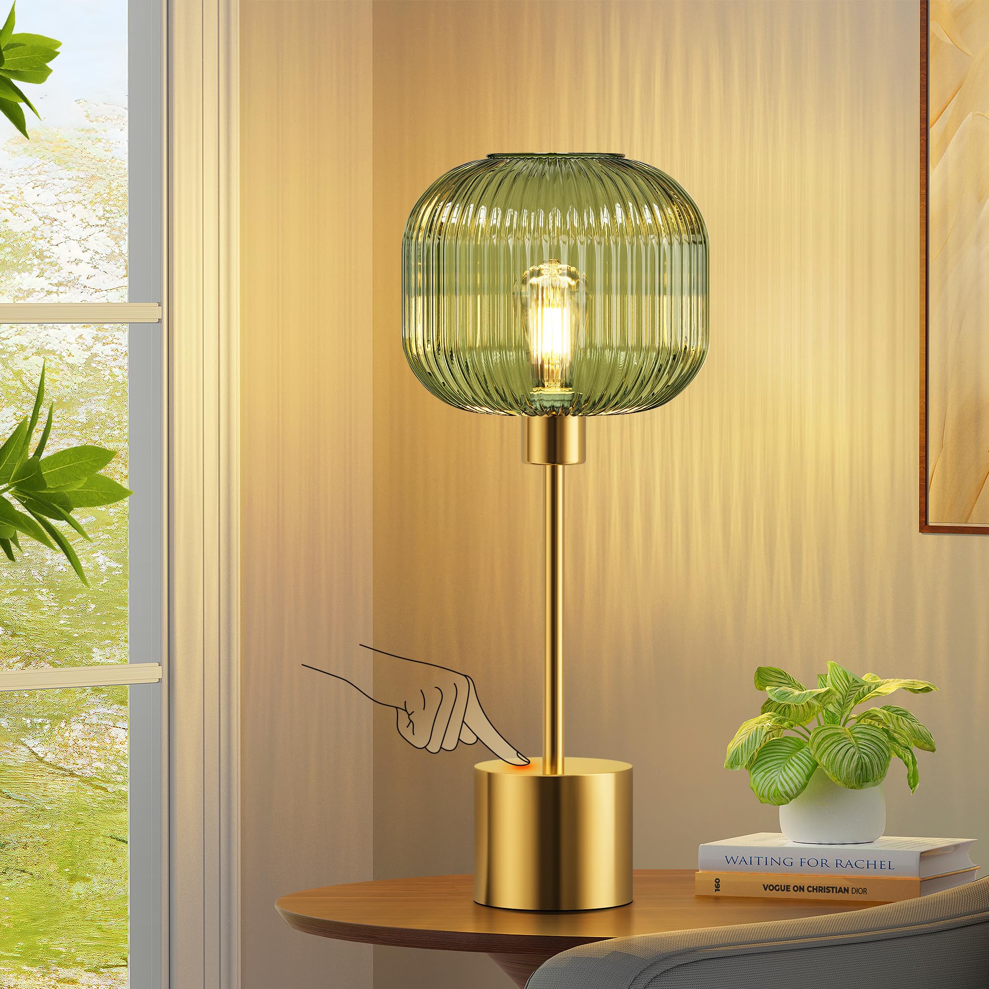QiMH glass table lamp with green ribbed shade enhances ambiance in living rooms.